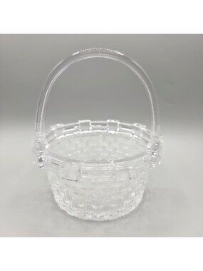Basketweave Clear Glass Basket With Handle Candy Dish Vintage Inspired Look